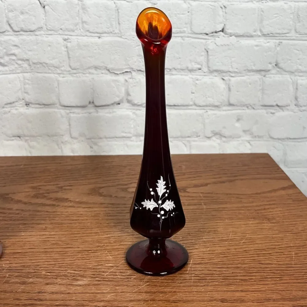 Vintage Fenton Ruby Red Holly Pedestal Vase - Signed and Stamped